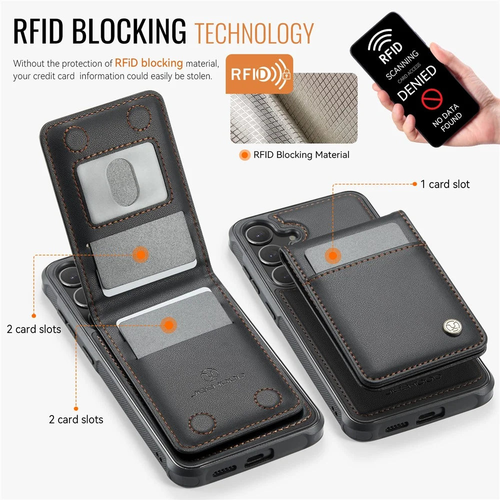 JEEHOOD For Samsung Galaxy S23 FE Leather Back Cover Magnetic Case  J06 Phone Case with Card Bag RFID Blocking - Black - 3