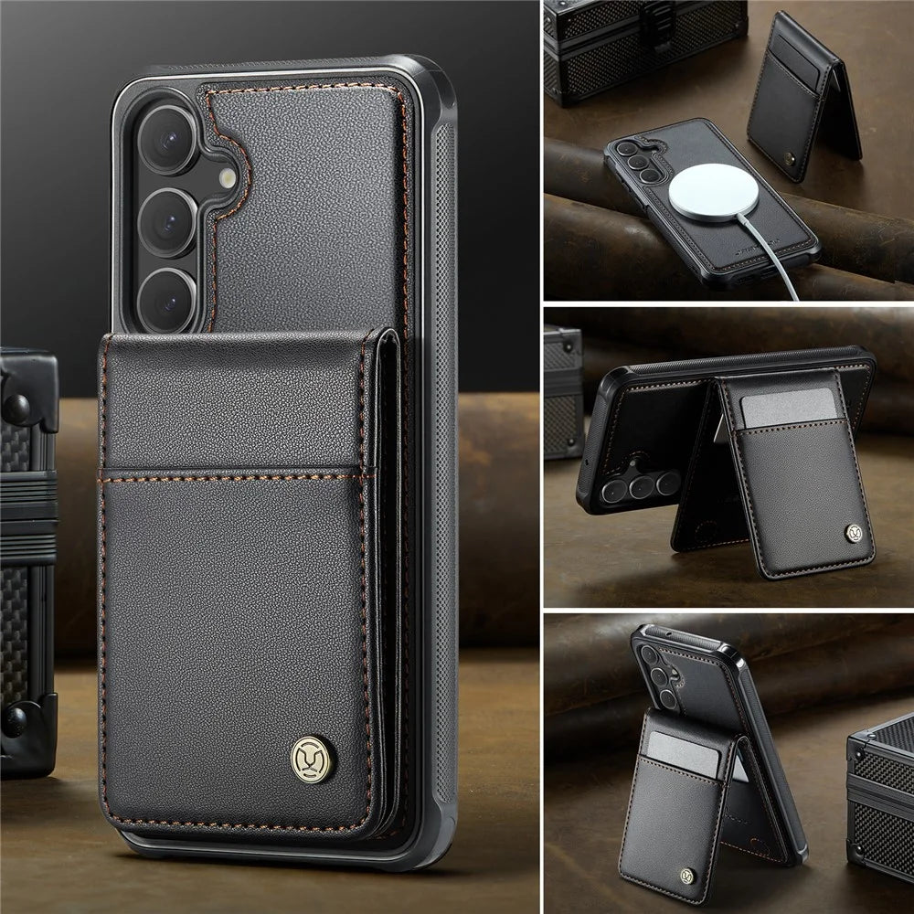 JEEHOOD For Samsung Galaxy S23 FE Leather Back Cover Magnetic Case  J06 Phone Case with Card Bag RFID Blocking - Black - 4