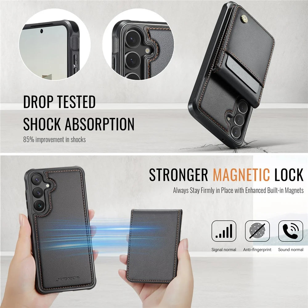 JEEHOOD For Samsung Galaxy S23 FE Leather Back Cover Magnetic Case  J06 Phone Case with Card Bag RFID Blocking - Black - 5