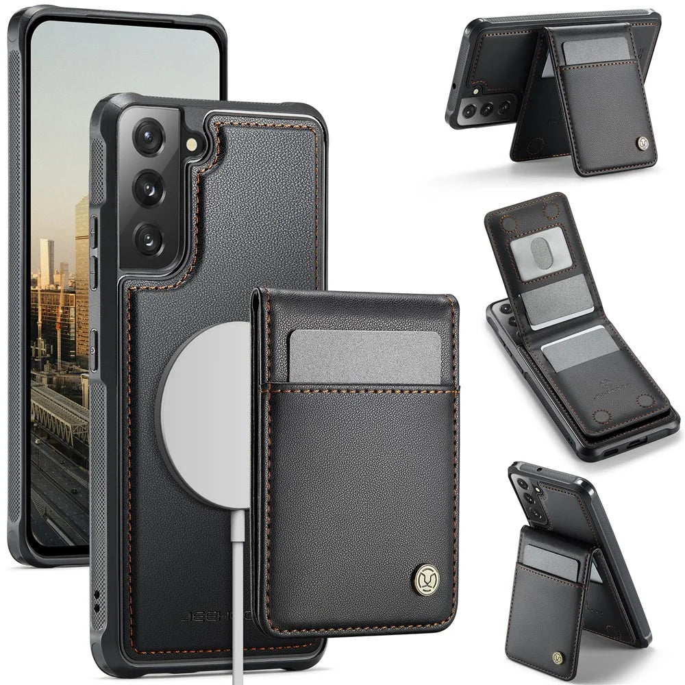 JEEHOOD For Samsung Galaxy S22 5G Leather Back Cover Magnetic Case  J06 Phone Case with Card Bag RFID Blocking - Black - 1