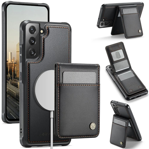 JEEHOOD For Samsung Galaxy S22 5G Leather Back Cover Magnetic Case  J06 Phone Case with Card Bag RFID Blocking - Black - 1
