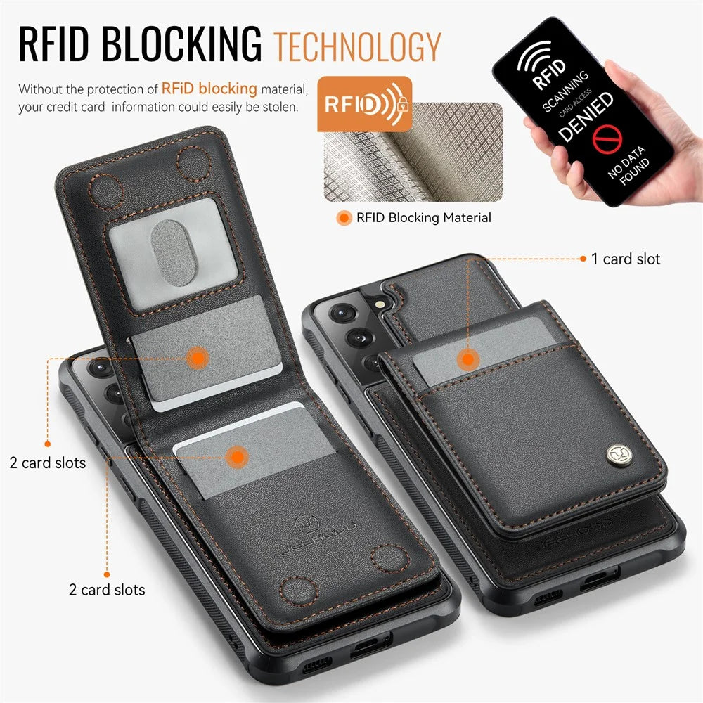 JEEHOOD For Samsung Galaxy S22 5G Leather Back Cover Magnetic Case  J06 Phone Case with Card Bag RFID Blocking - Black - 3