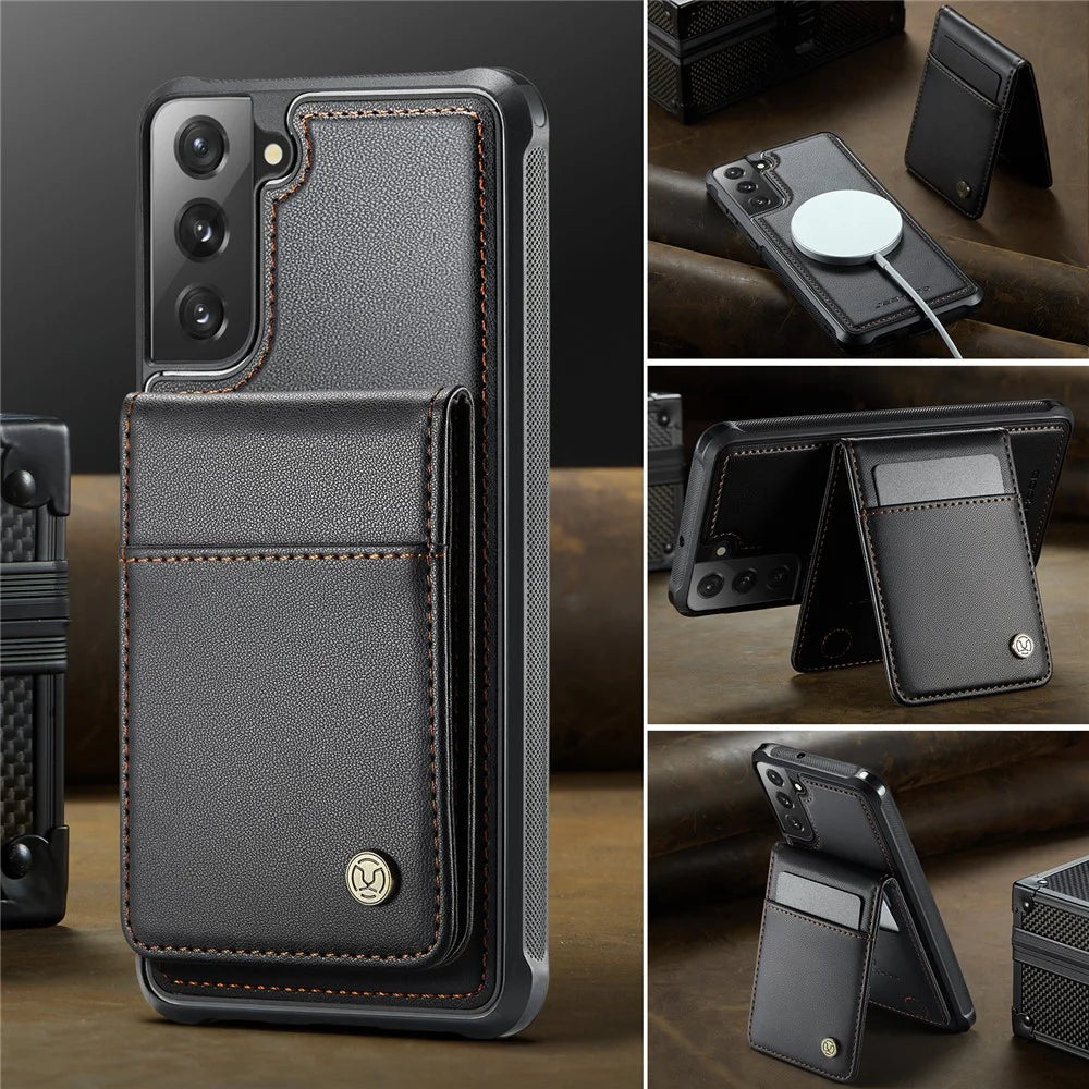 JEEHOOD For Samsung Galaxy S22 5G Leather Back Cover Magnetic Case  J06 Phone Case with Card Bag RFID Blocking - Black - 4