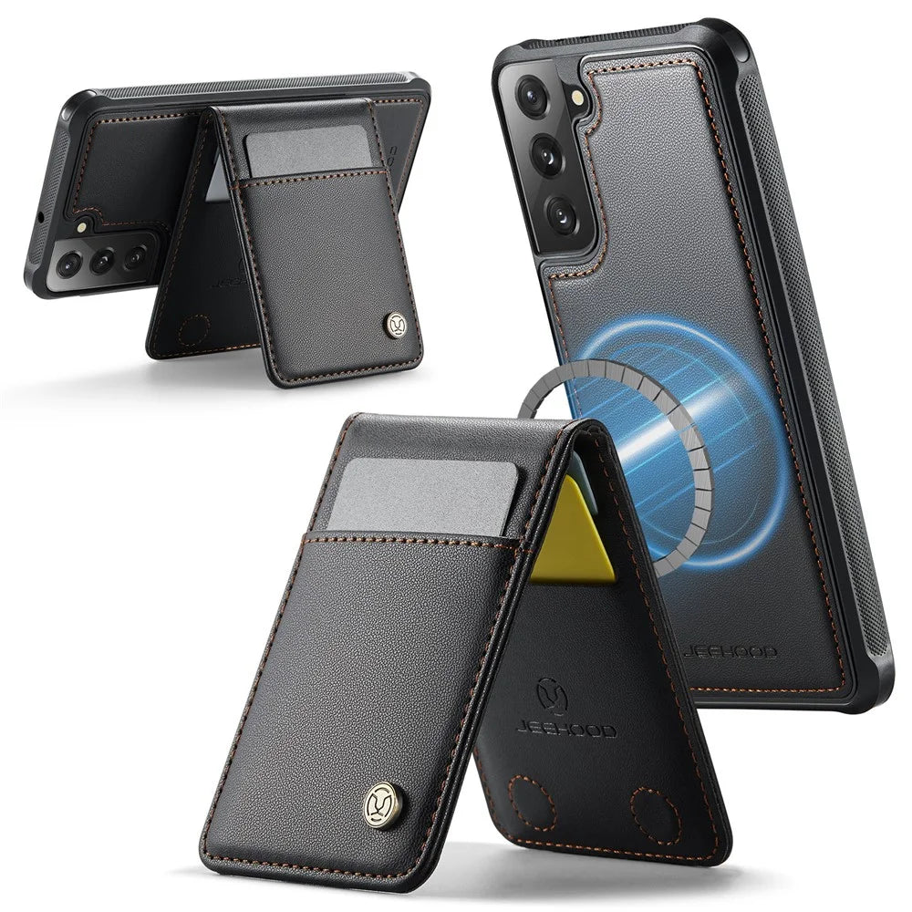 JEEHOOD For Samsung Galaxy S22+ 5G Leather Back Cover Magnetic Case  J06 Phone Case with Card Bag RFID Blocking - Black - 2