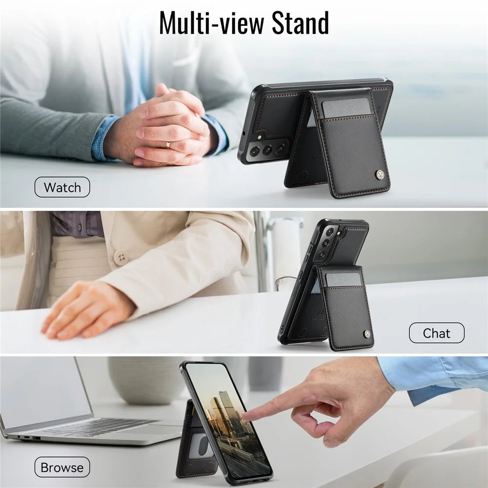 JEEHOOD For Samsung Galaxy S22+ 5G Leather Back Cover Magnetic Case  J06 Phone Case with Card Bag RFID Blocking - Black - 6