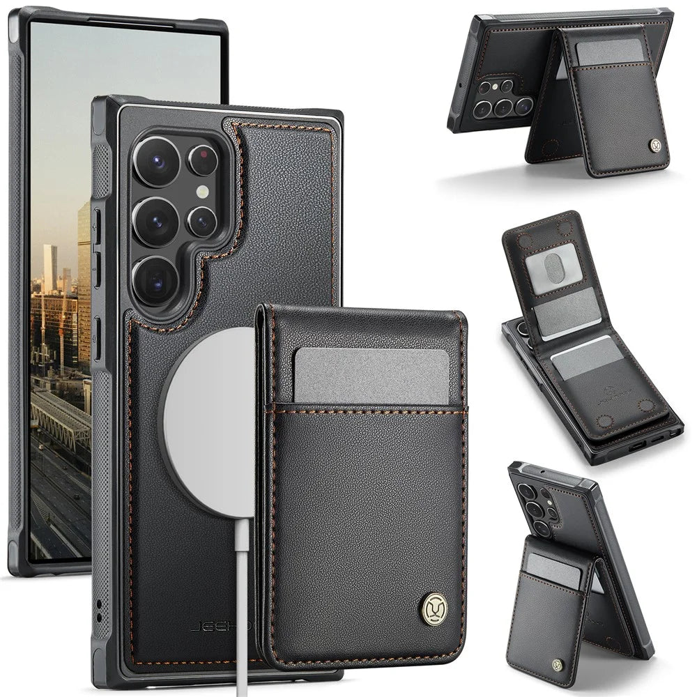 JEEHOOD For Samsung Galaxy S22 Ultra 5G Leather Back Cover Magnetic Case  J06 Phone Case with Card Bag RFID Blocking - Black - 1