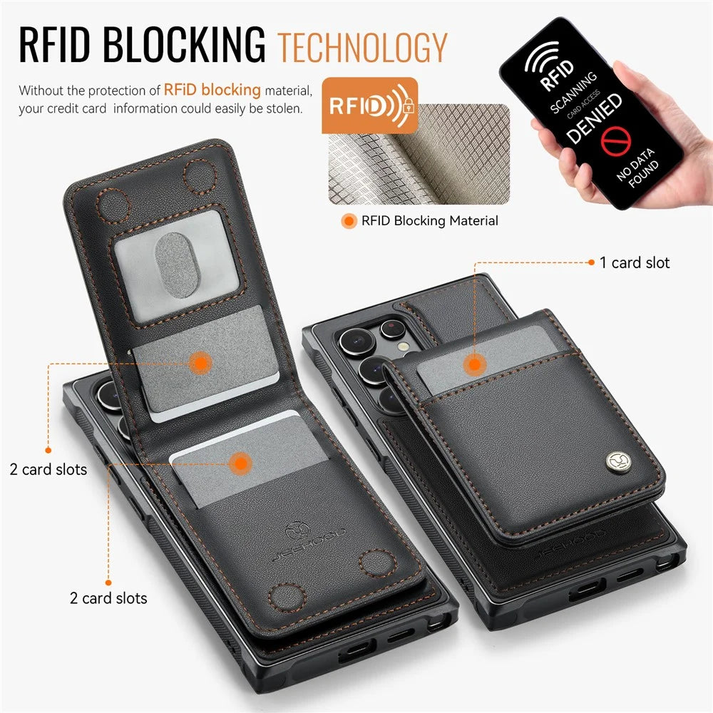 JEEHOOD For Samsung Galaxy S22 Ultra 5G Leather Back Cover Magnetic Case  J06 Phone Case with Card Bag RFID Blocking - Black - 3