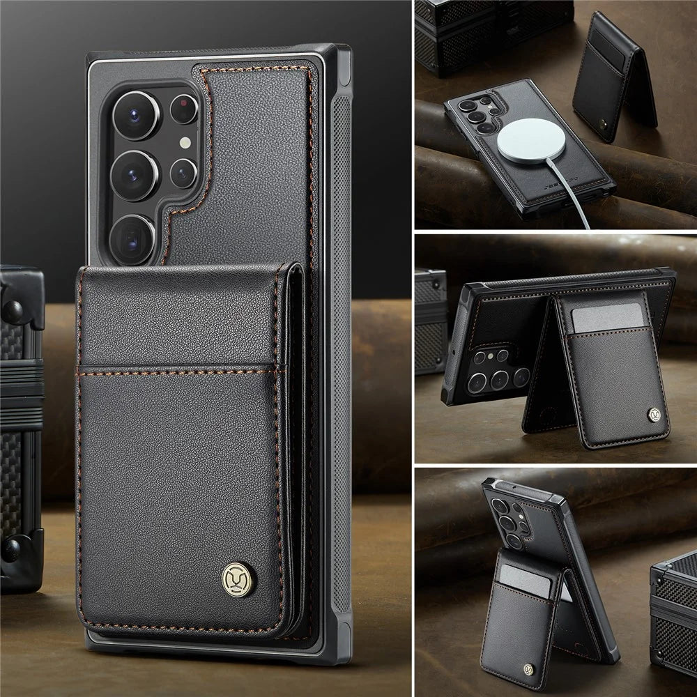 JEEHOOD For Samsung Galaxy S22 Ultra 5G Leather Back Cover Magnetic Case  J06 Phone Case with Card Bag RFID Blocking - Black - 4