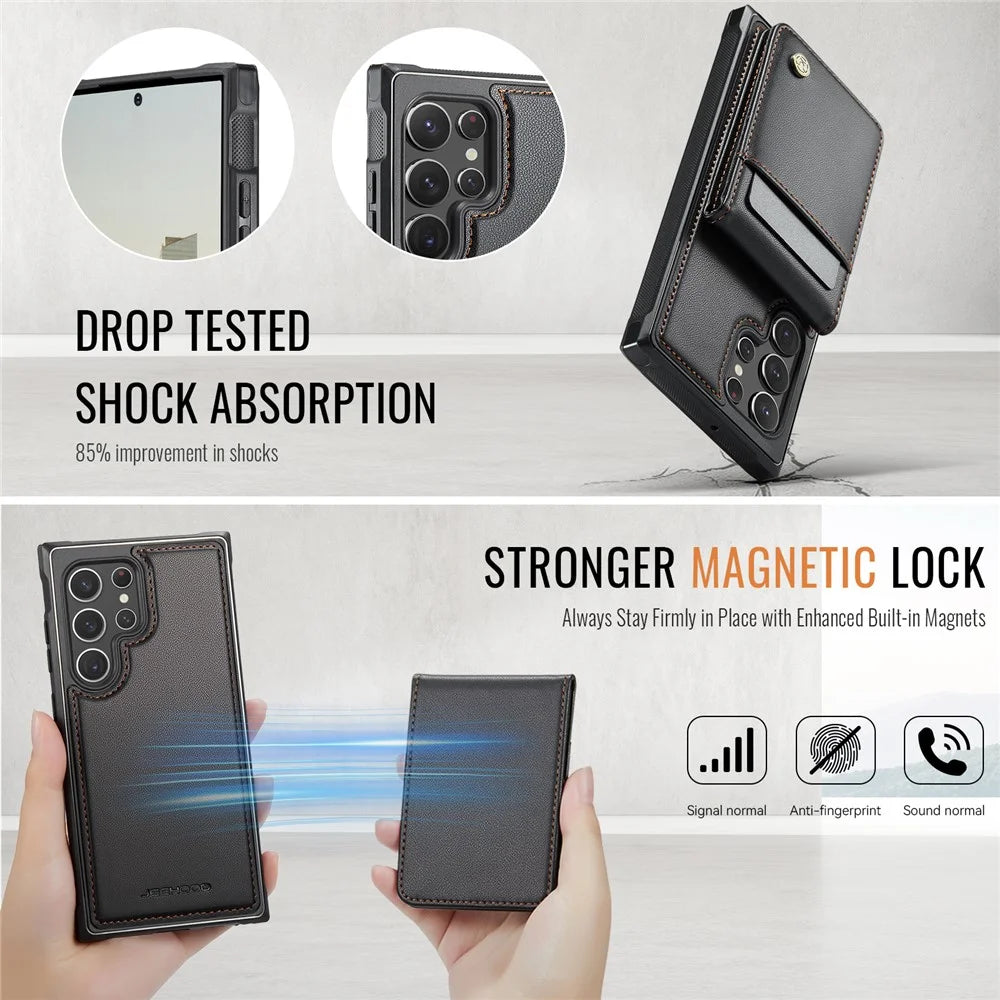 JEEHOOD For Samsung Galaxy S22 Ultra 5G Leather Back Cover Magnetic Case  J06 Phone Case with Card Bag RFID Blocking - Black - 5
