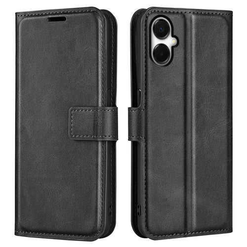 For Samsung Galaxy A06 5G Stand Case Anti-Scratch Calf Texture Leather Phone Cover - Black - 1