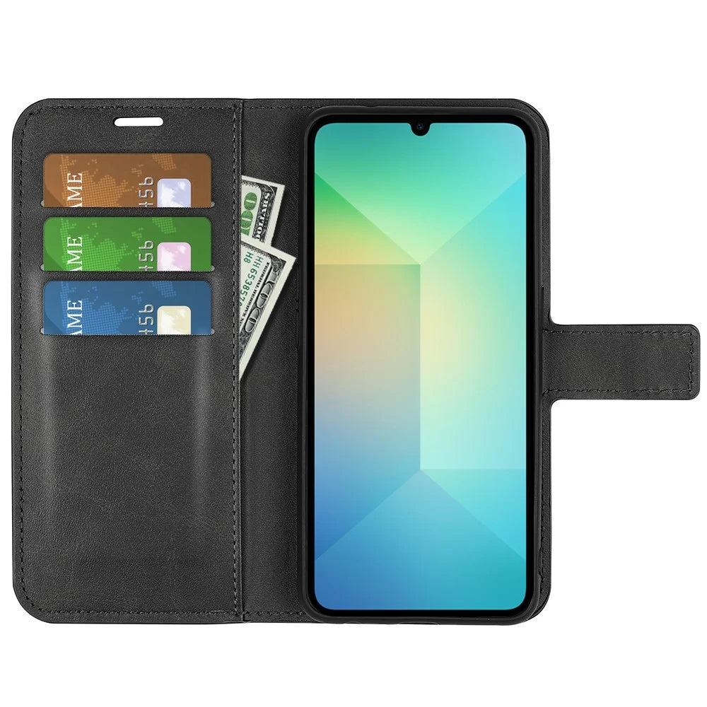 For Samsung Galaxy A06 5G Stand Case Anti-Scratch Calf Texture Leather Phone Cover - Black - 2