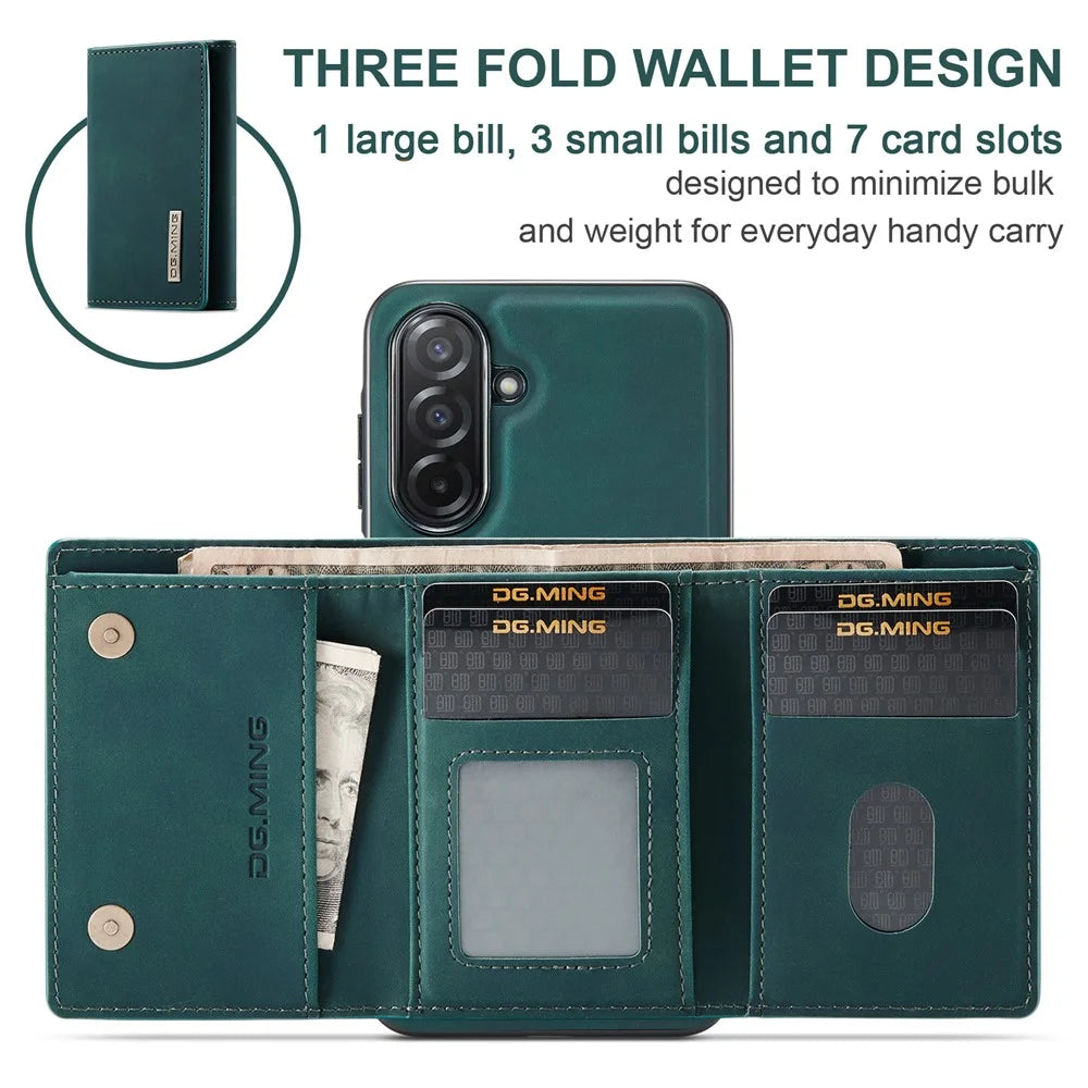 DG.MING M1 Series for Samsung Galaxy A26 5G Case Kickstand PU Phone Cover with Detachable Wallet - Green - 7