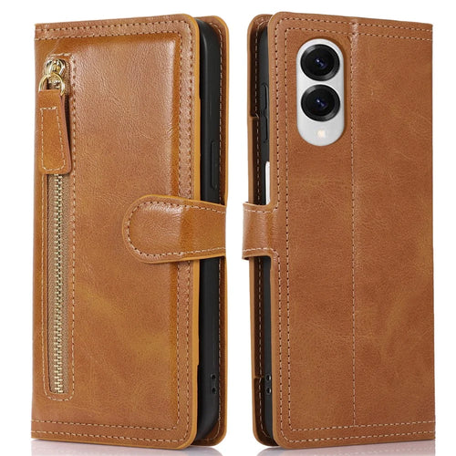 For Samsung Galaxy S25 Edge Case Zipper Flip Leather Phone Cover with Card Holder - Orange - 1