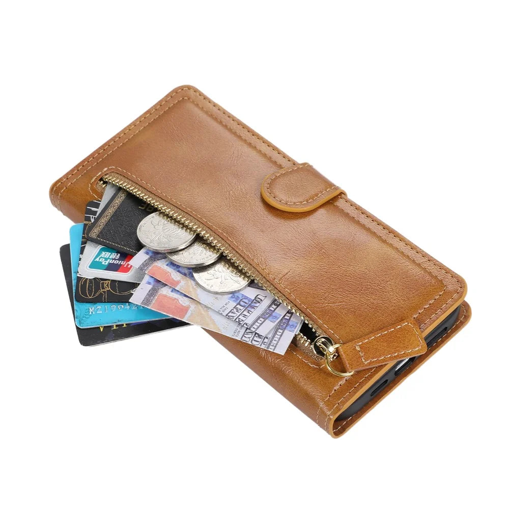 For Samsung Galaxy S25 Edge Case Zipper Flip Leather Phone Cover with Card Holder - Orange - 4