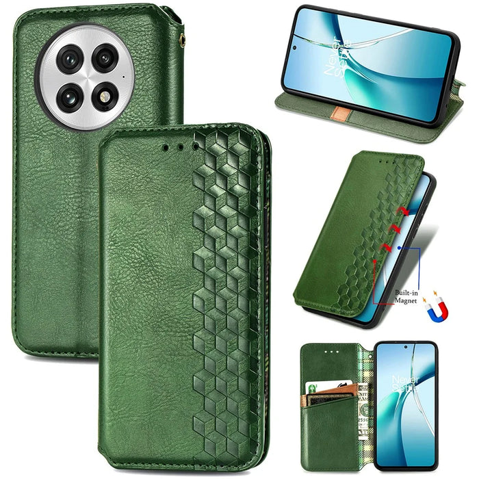 For OnePlus 13 Case Rhombus Imprint PU Leather Wallet Phone Cover - Green - 1