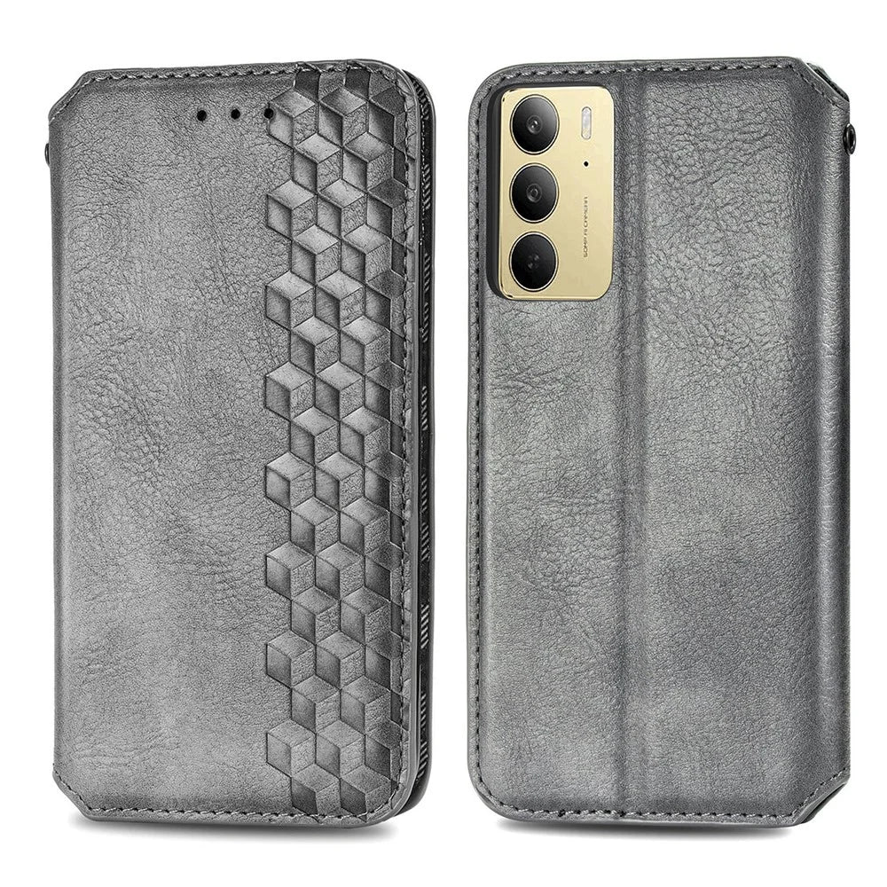 For Realme C75 4G Case Rhombus Imprint PU Leather Wallet Phone Cover - Grey - 2