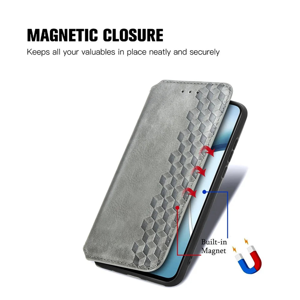 For Realme C75 4G Case Rhombus Imprint PU Leather Wallet Phone Cover - Grey - 5