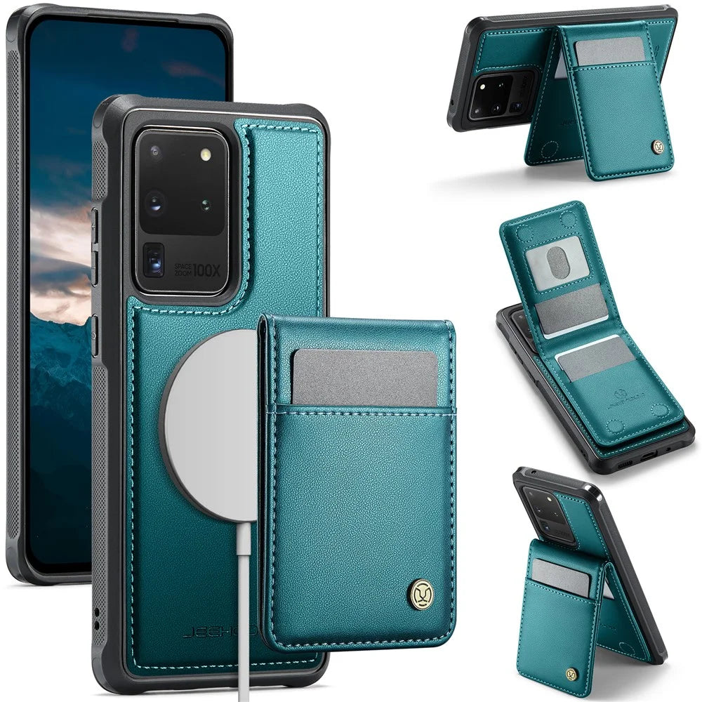 JEEHOOD For Samsung Galaxy S20 Ultra Leather Back Cover Magnetic Case  J06 Phone Case with Card Bag RFID Blocking - Blue - 1