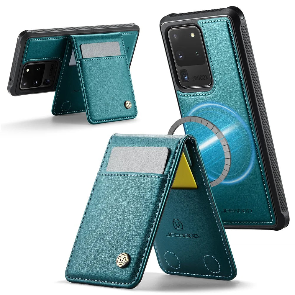 JEEHOOD For Samsung Galaxy S20 Ultra Leather Back Cover Magnetic Case  J06 Phone Case with Card Bag RFID Blocking - Blue - 2