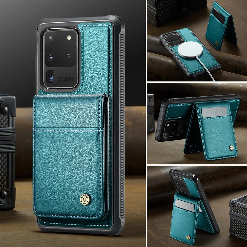JEEHOOD For Samsung Galaxy S20 Ultra Leather Back Cover Magnetic Case  J06 Phone Case with Card Bag RFID Blocking - Blue - 4