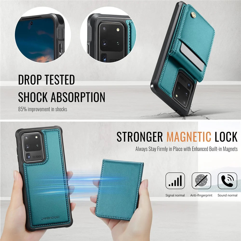 JEEHOOD For Samsung Galaxy S20 Ultra Leather Back Cover Magnetic Case  J06 Phone Case with Card Bag RFID Blocking - Blue - 5