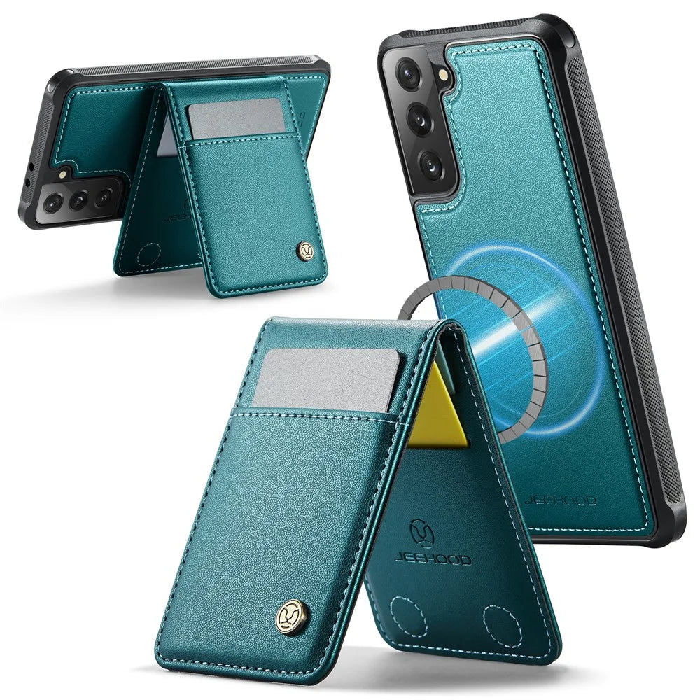 JEEHOOD For Samsung Galaxy S21 4G Leather Back Cover Magnetic Case  J06 Phone Case with Card Bag RFID Blocking - Blue - 2