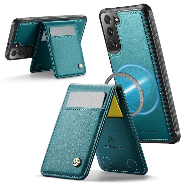 JEEHOOD For Samsung Galaxy S21 4G Leather Back Cover Magnetic Case  J06 Phone Case with Card Bag RFID Blocking - Blue - 2