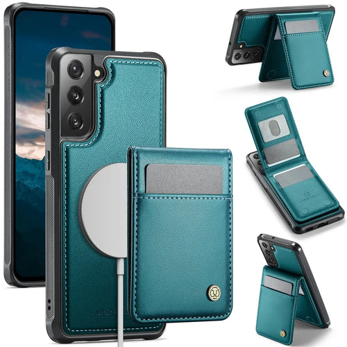 JEEHOOD For Samsung Galaxy S21 FE 5G Leather Back Cover Magnetic Case  J06 Phone Case with Card Bag RFID Blocking - Blue - 1