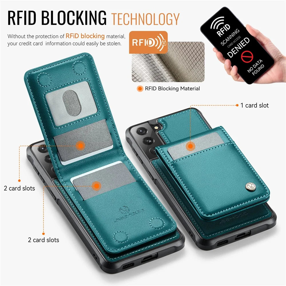 JEEHOOD For Samsung Galaxy S21 FE 5G Leather Back Cover Magnetic Case  J06 Phone Case with Card Bag RFID Blocking - Blue - 3