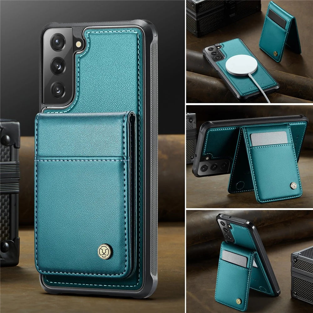 JEEHOOD For Samsung Galaxy S21 FE 5G Leather Back Cover Magnetic Case  J06 Phone Case with Card Bag RFID Blocking - Blue - 4