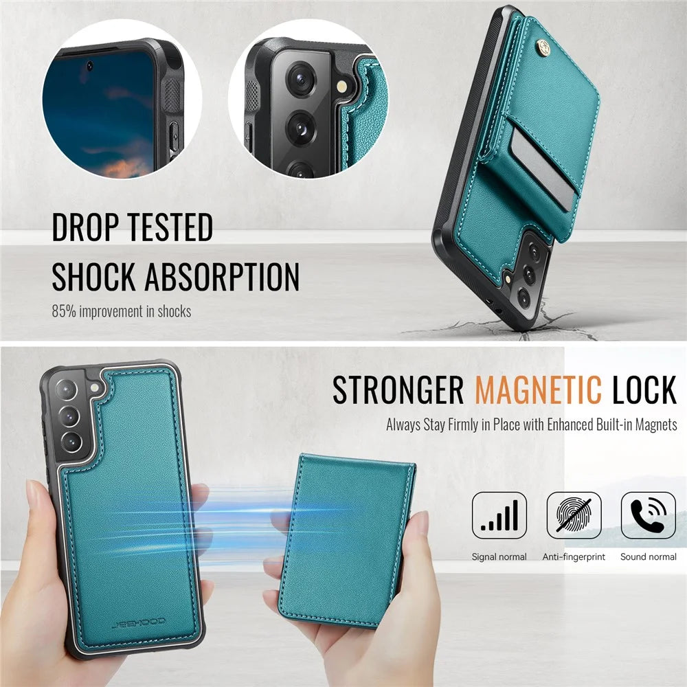 JEEHOOD For Samsung Galaxy S21+ 5G Leather Back Cover Magnetic Case  J06 Phone Case with Card Bag RFID Blocking - Blue - 5