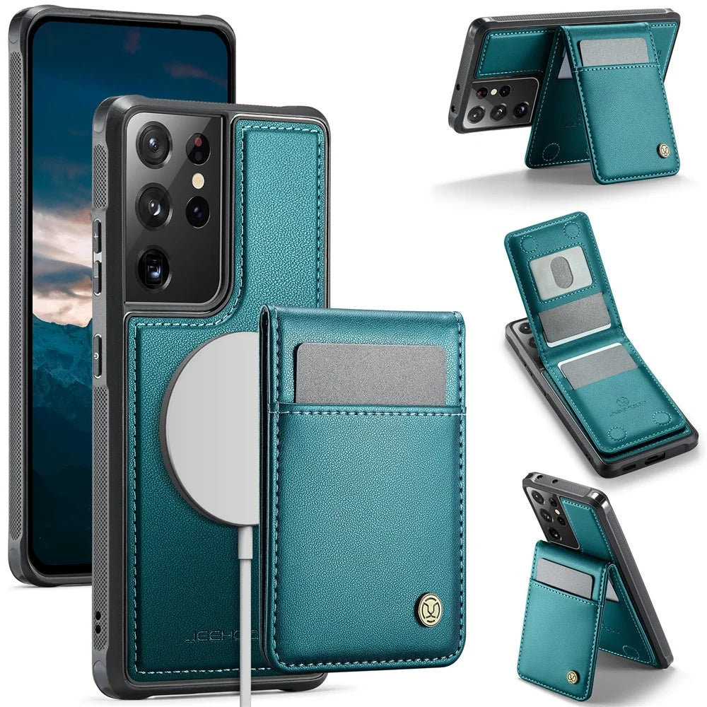 JEEHOOD For Samsung Galaxy S21 Ultra 5G Leather Back Cover Magnetic Case  J06 Phone Case with Card Bag RFID Blocking - Blue - 1