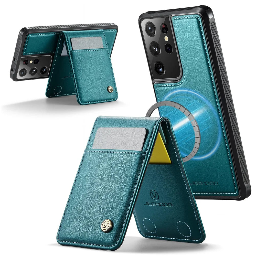 JEEHOOD For Samsung Galaxy S21 Ultra 5G Leather Back Cover Magnetic Case  J06 Phone Case with Card Bag RFID Blocking - Blue - 2