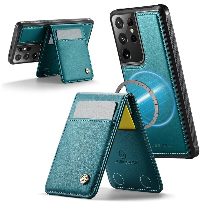 JEEHOOD For Samsung Galaxy S21 Ultra 5G Leather Back Cover Magnetic Case  J06 Phone Case with Card Bag RFID Blocking - Blue - 2