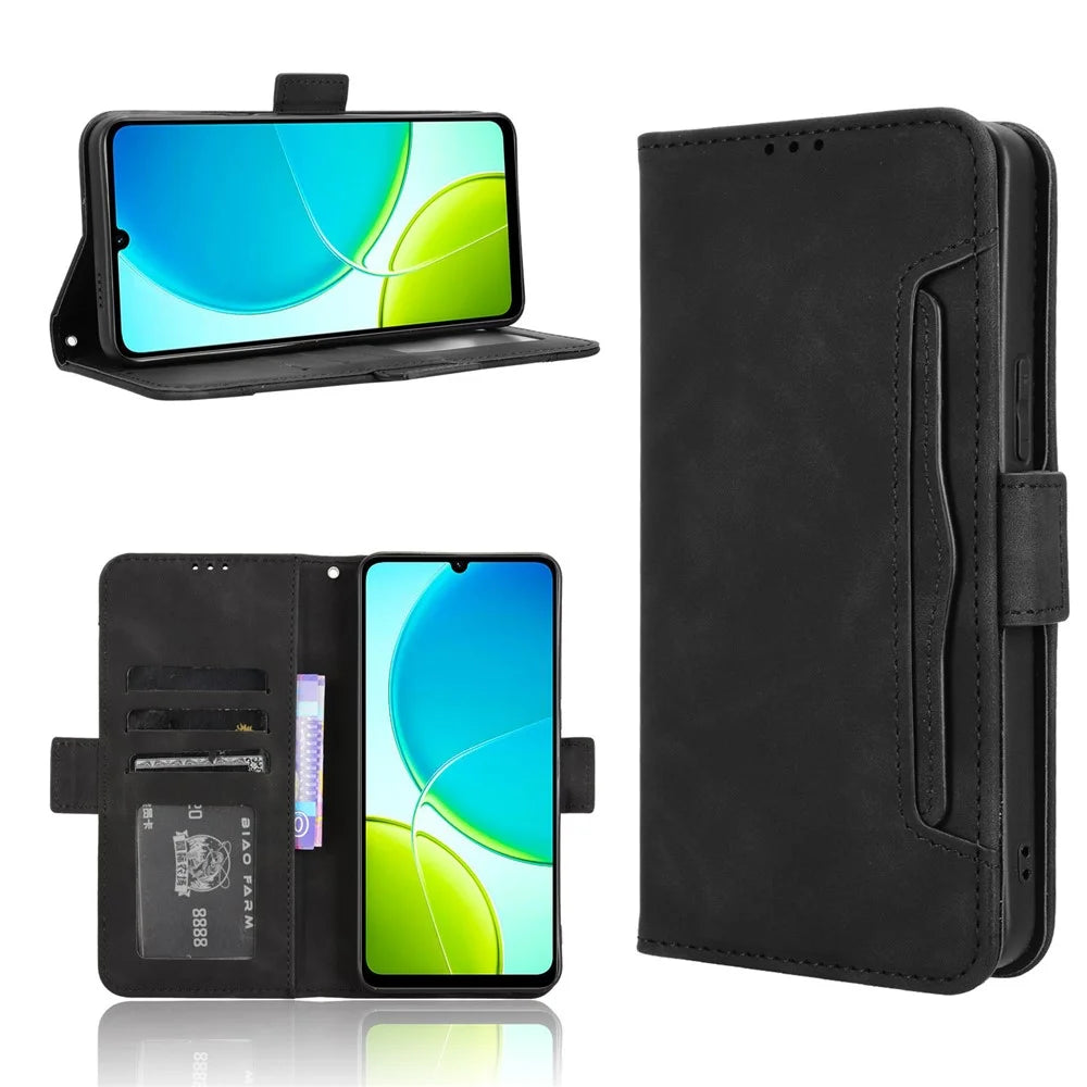 For vivo Y29s 5G / vivo Y04 4G Leather Case Phone Wallet Cover with Multiple Card Slots - Black - 1