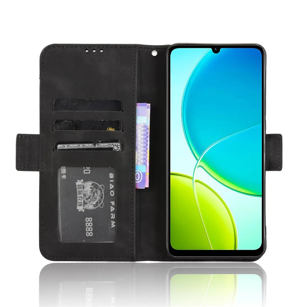 For vivo Y29s 5G / vivo Y04 4G Leather Case Phone Wallet Cover with Multiple Card Slots - Black - 5