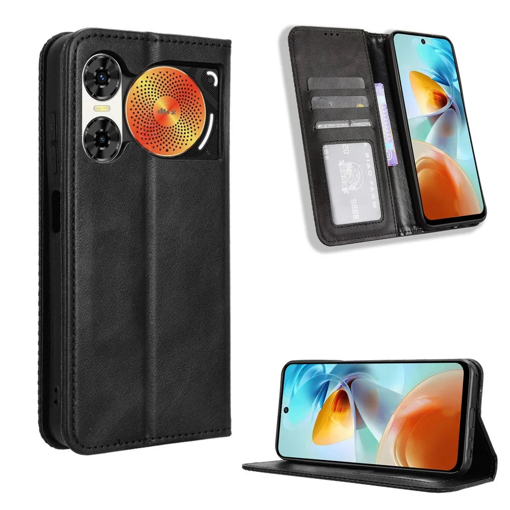 For ZTE nubia Music 2 Retro PU Leather Case Phone Wallet Stand Cover - Black - 1