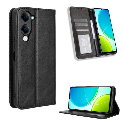 For vivo Y29s 5G / vivo Y04 4G Retro PU Leather Case Phone Wallet Stand Cover - Black - 1