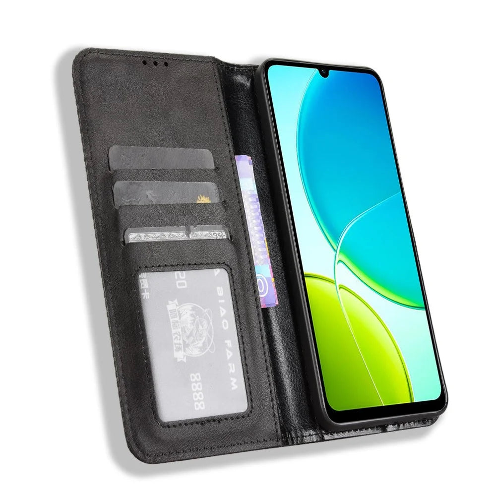 For vivo Y29s 5G / vivo Y04 4G Retro PU Leather Case Phone Wallet Stand Cover - Black - 5