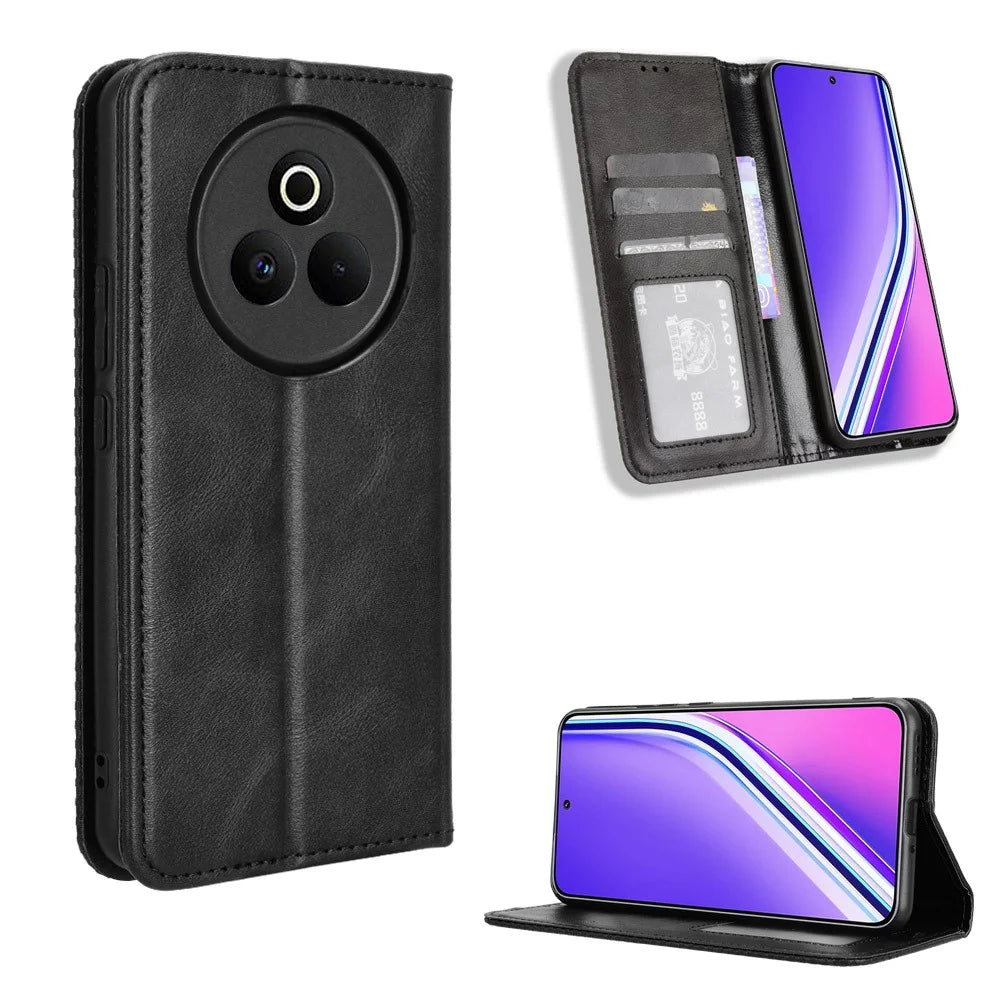 For Realme P3 Pro 5G Retro PU Leather Case Phone Wallet Stand Cover - Black - 1