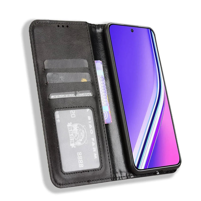 For Realme P3 Pro 5G Retro PU Leather Case Phone Wallet Stand Cover - Black - 5