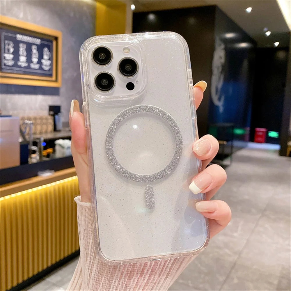 For iPhone 13 Pro Max Phone Case Compatible with MagSafe Glitter PC + TPU Hybrid Shockproof Cover - White - 5