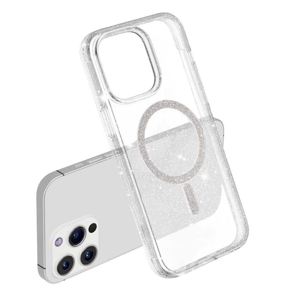 For iPhone 13 Pro Max Phone Case Compatible with MagSafe Glitter PC + TPU Hybrid Shockproof Cover - White - 7