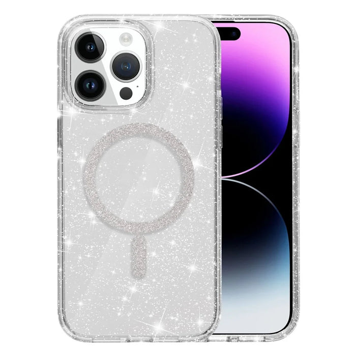 For iPhone 14 Pro Phone Case Compatible with MagSafe Glitter PC + TPU Hybrid Shockproof Cover - White - 1