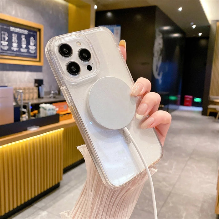 For iPhone 14 Pro Phone Case Compatible with MagSafe Glitter PC + TPU Hybrid Shockproof Cover - White - 3