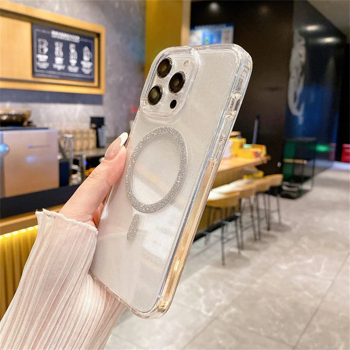 For iPhone 14 Pro Phone Case Compatible with MagSafe Glitter PC + TPU Hybrid Shockproof Cover - White - 4