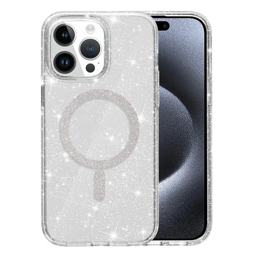 For iPhone 15 Pro Phone Case Compatible with MagSafe Glitter PC + TPU Hybrid Shockproof Cover - White - 1