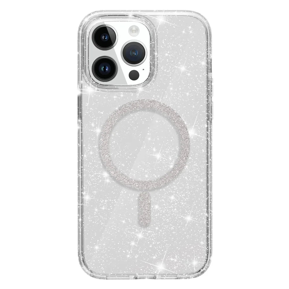 For iPhone 15 Pro Phone Case Compatible with MagSafe Glitter PC + TPU Hybrid Shockproof Cover - White - 2