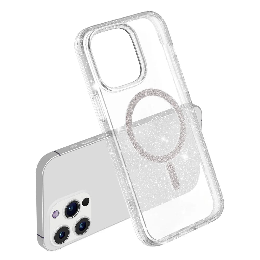 For iPhone 15 Pro Phone Case Compatible with MagSafe Glitter PC + TPU Hybrid Shockproof Cover - White - 5