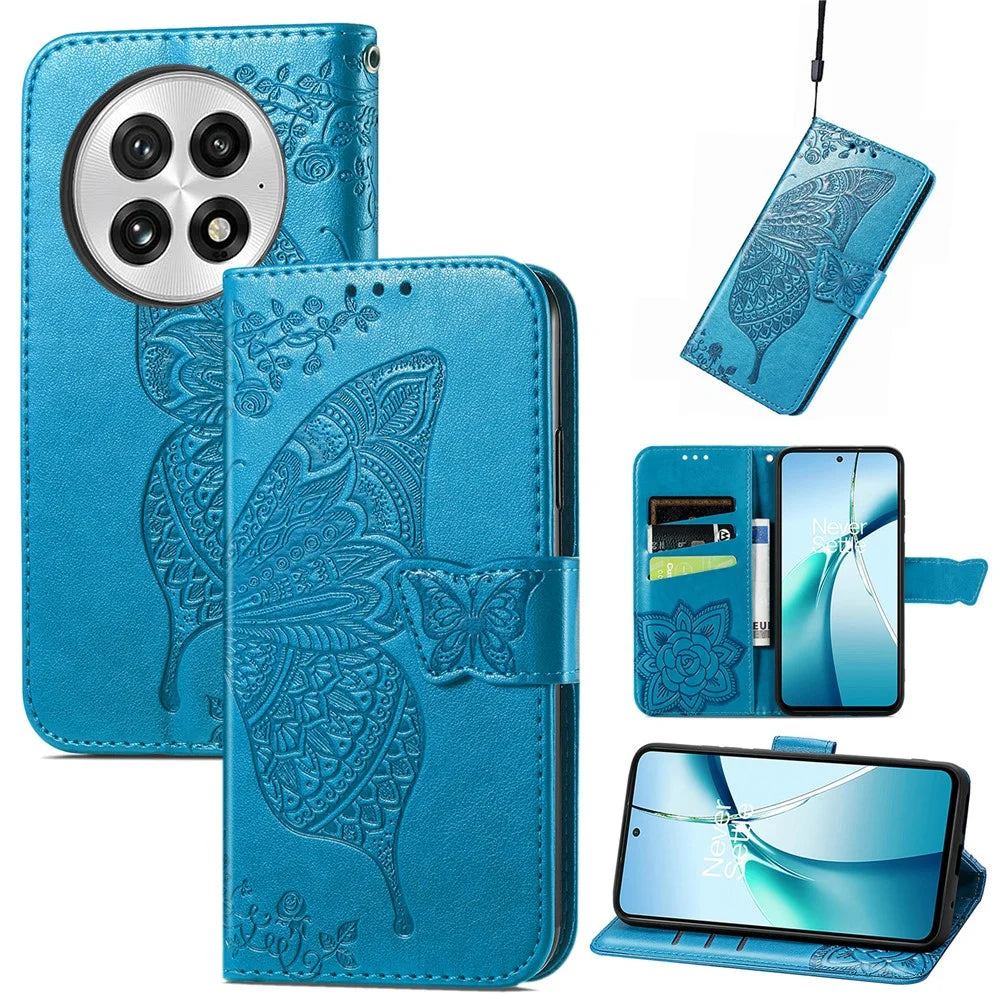 For OnePlus 13 Case with Strap Butterfly Pattern PU Leather Wallet Phone Cover - Blue - 1